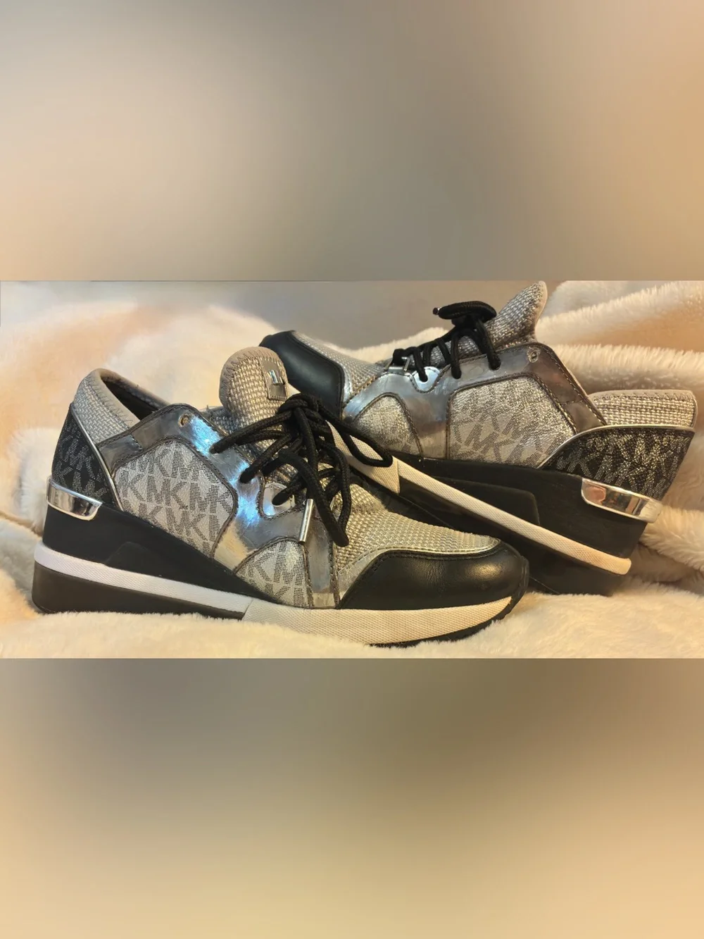 Michael Kors Liv Glitter Mesh Wedge Trainers - Size 6